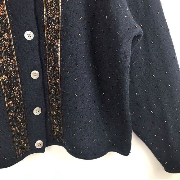 DKNY Vintage Navy Blue 100% Wool Beaded Cardigan Sweater - Picture 7 of 15